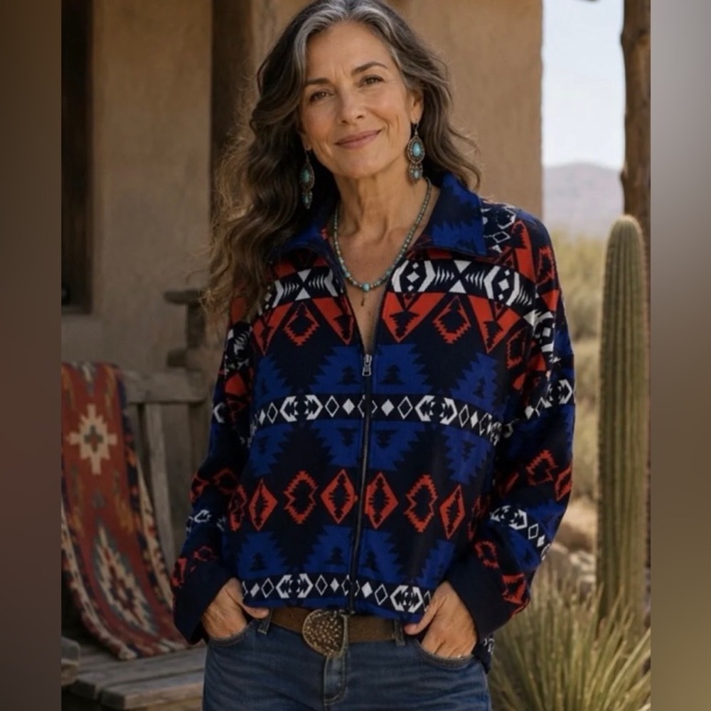Lauren Ralph Lauren Active Navy Red Aztec Print Full-Zip Sweater Women’s XL